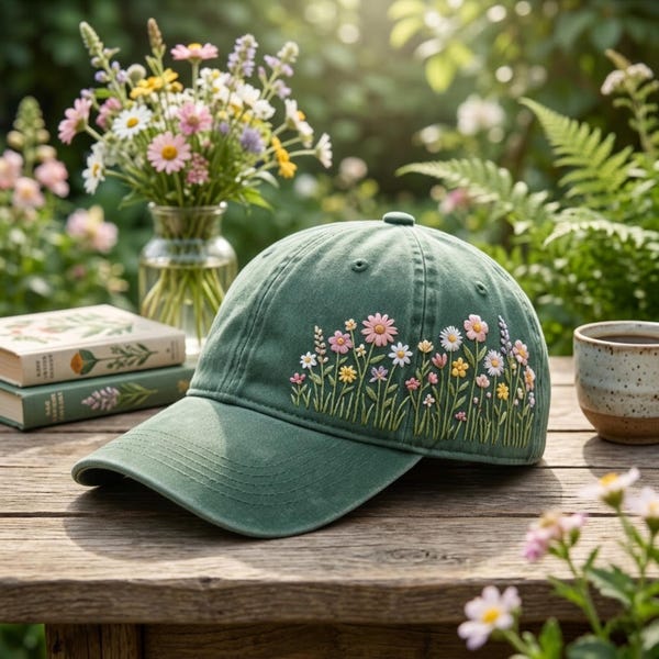 Hand Embroidered Floral Washed Cotton Baseball Cap: Vintage Style Soft Hat