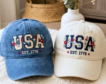 Embroidered USA Flag Floral Baseball Cap, 100% Cotton, Patriotic 250 Years Freedom Hat