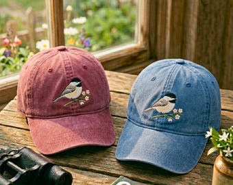 Embroidered Chickadee Dad Hat, Wildlife Bird Watcher Baseball Cap, Adjustable Cotton Washed Strap