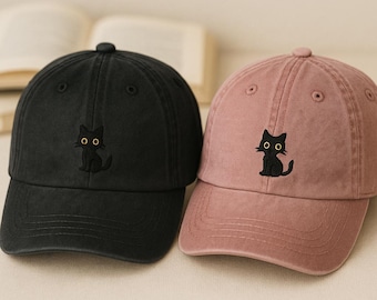 Embroidered Black Cat Dad Hat - Washed Cotton Baseball Cap