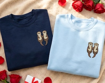 Embroidered Couple Otter Sweatshirt: Unisex Crewneck Pullover