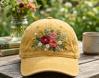 Gorra de béisbol de algodón con bordado floral: gorra de mujer cosida a mano