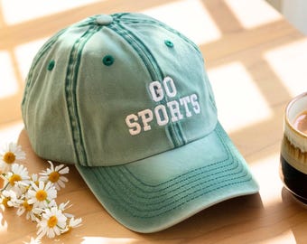 Embroidered "Go Sports" Washed Baseball Cap: Cotton Hat