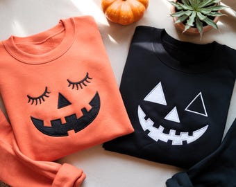Embroidered Halloween Pumpkin Face Sweatshirt: Cotton-Blend Couple Sweater