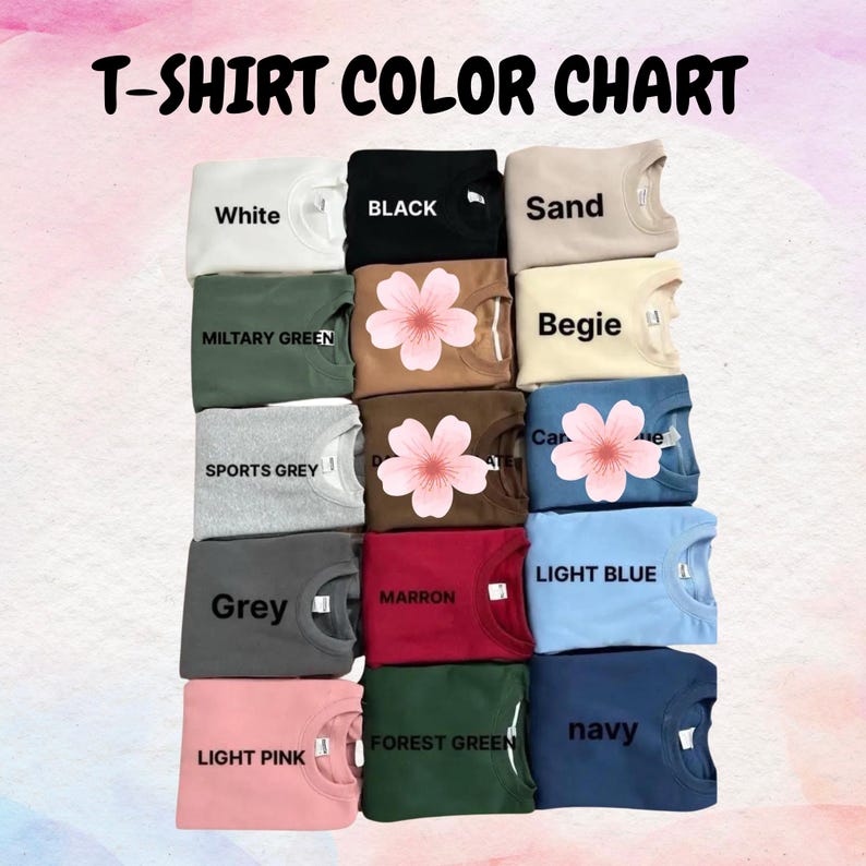 Puede incluir: Una carta de colores que muestra varios colores de camisetas. La carta incluye colores como blanco, negro, arena, verde militar, beige, gris deportivo, gris, marr&oacute;n, rosa claro, verde bosque y azul marino. Algunas camisetas tienen un dise&ntilde;o floral.