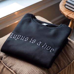 May include: Black sweatshirt with the embroidered text "Lupus is a hoe" in a gothic font. The sweatshirt is folded and resting on a tan cushion. The image is taken indoors with natural light.