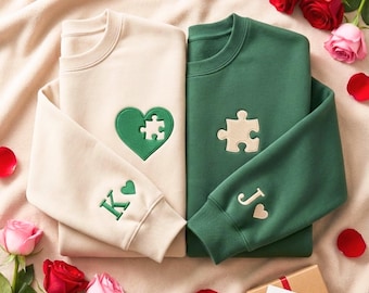 Custom Embroidered Couples Sweatshirt: Heart Puzzle, Initial Sleeve