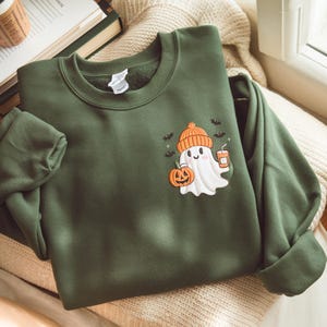 Embroidered Ghost Sweatshirt, Little Ghost Ice Coffee, Halloween Tee
