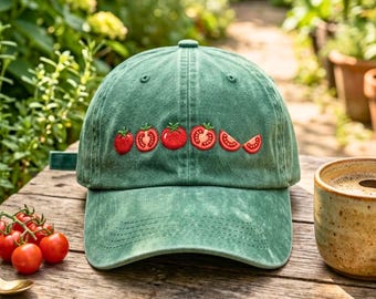 Embroidered Tomato Washed Cotton Cap, Summer Garden Style