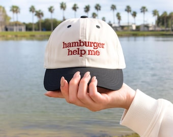 Hamburger Help Me Embroidered Hat, Funny Retro Cap