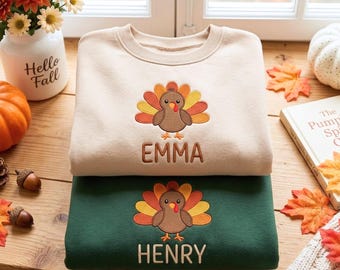 Embroidered Turkey Toddler Sweatshirt, Custom Name Thanksgiving Crewneck
