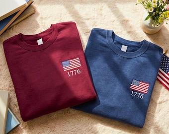 Embroidered USA Flag Sweatshirt: Patriotic 1776 Crewneck Sweater