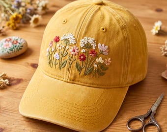 Hand Embroidered Floral Cotton Baseball Cap: Vintage Washed Style