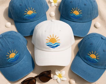 Embroidered Sun Over Waves Hat, Cotton Beach Cap