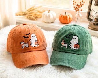 Vintage Style Ghost Dog Embroidered Cap: Spooky Halloween Puppy Hat