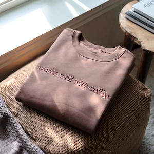 Embroidered Coffee Sweatshirt, Cotton Blend Trendy Womens Shirt