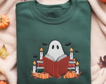 Embroidered Ghost Reading Sweatshirt, Halloween Fall Crew
