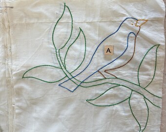 Vintage Hand Sewn Embroidered Bird Quilt Blocks, 11” x 11.5” inches