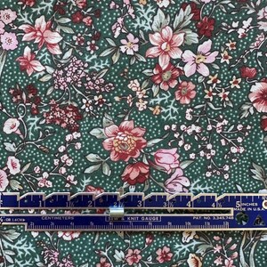 Vintage Floral Quilting Fabric: Green Background, Pink & Yellow Flowers