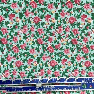 Vintage Light Green Calico Fabric with Pink, White and Yellow Flowers, Fabric by the Yard