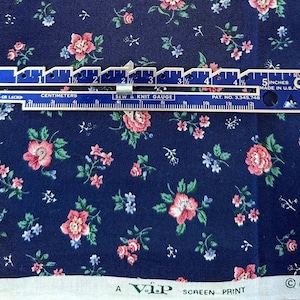 Vintage Calico Quilting Fabric Navy Blie Background with Pink and Blue Flowers VIP Print Cranston Print Works, Fabric by the Yard