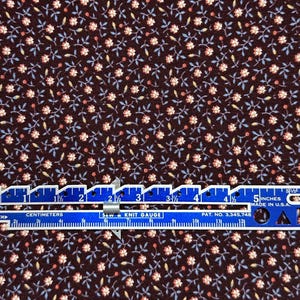 Vintage Calico Fabric Brown Background with Blue Leaves and Burgundy and White Flowers, Fabric by the Yard