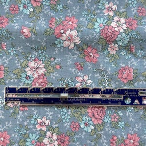 Vintage Calico Fabric: Light Blue Grey Floral Quilting Fabric by the Yard