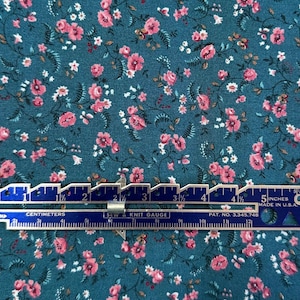 Vintage Blue Calico Fabric: Pink & White Flowers, VIP Cranston Print Works