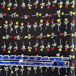 Vintage Calico Fabric Black Background with Yellow and Red Flowers, Fabric by the Yard