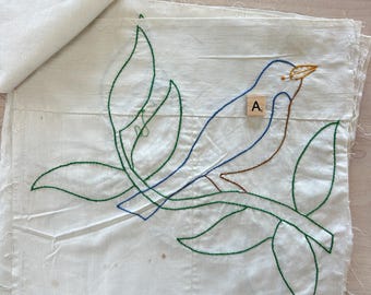 Vintage Hand Sewn Embroidered Bird Quilt Blocks, 11” x 11.5” inches