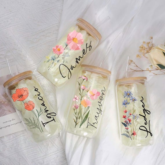 Custom Birth Flower Iced Coffee Tumbler: Personalized Floral Can Glass