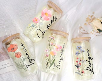 Bicchiere da caffè freddo con fiore di nascita personalizzato: bicchiere floreale personalizzato