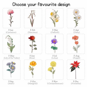Może przedstawiać: Białe tło z dwunastoma ilustracjami kwiatowymi w kropkowanych kwadratach. Tekst "Choose your favourite design" znajduje się u g&oacute;ry. Każdy kwiat jest oznaczony miesiącem i jego potoczną nazwą, w tym goździk, żonkil, r&oacute;ża i gwiazda betlejemska.