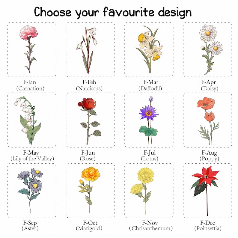 Może przedstawiać: Białe tło z dwunastoma ilustracjami kwiatowymi w kropkowanych kwadratach. Tekst "Choose your favourite design" znajduje się u g&oacute;ry. Każdy kwiat jest oznaczony miesiącem i jego potoczną nazwą, w tym goździk, żonkil, r&oacute;ża i gwiazda betlejemska.