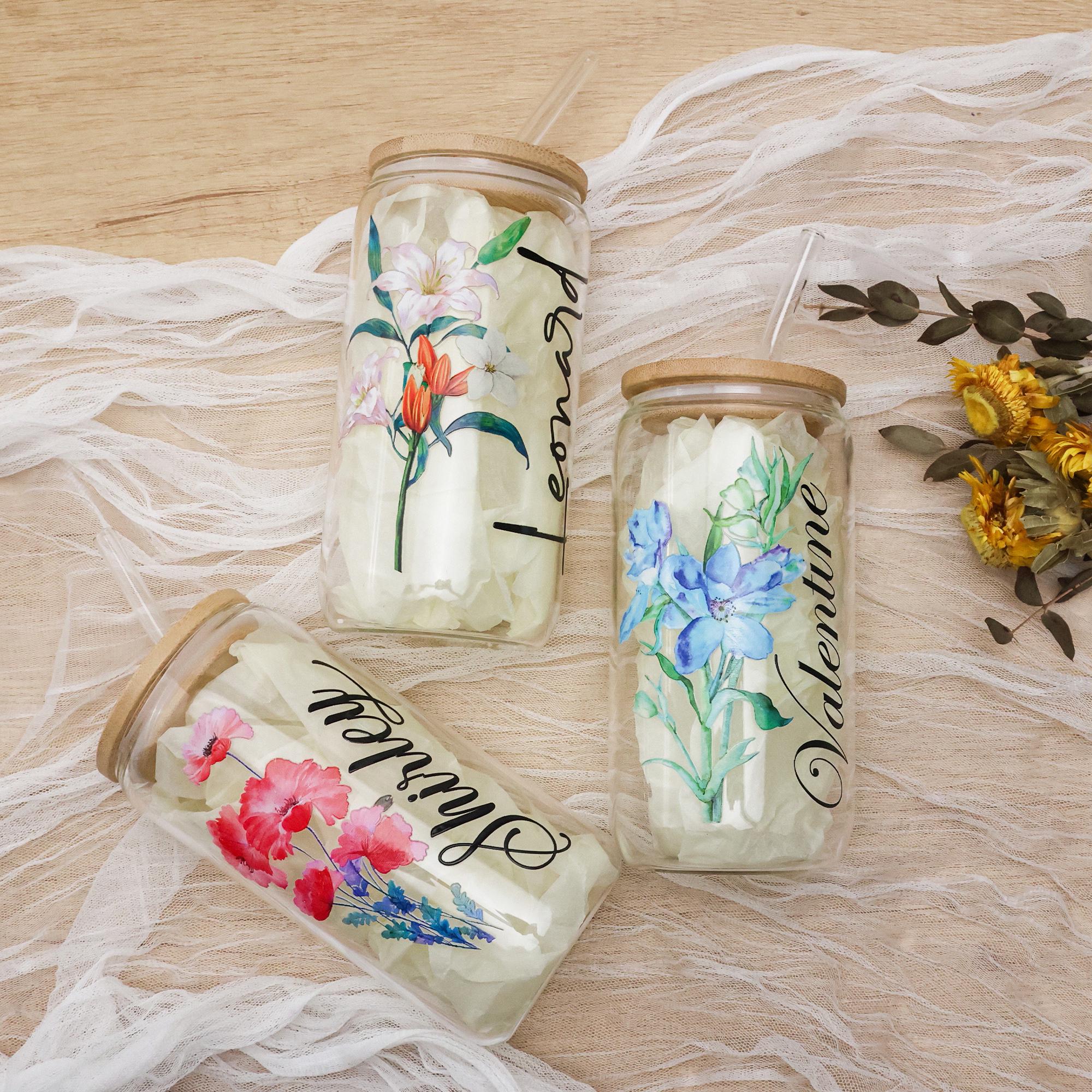 Birth Month Flower Personalized Glass Tumbler With Lid And Straw - Custom Iced Coffee Cup With Name - Perfect Bridesmaid Proposal Gift, Mom Gift, And Personalized Tumblers With Names