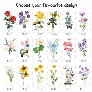 Może przedstawiać: Kolekcja wzor&oacute;w kwiatowych, każdy oznaczony numerem 'D', w tym r&oacute;że, irysy i lilie. Tekst "Choose your favourite design" znajduje się na g&oacute;rze. Wzory są na białym tle.
