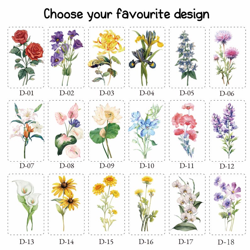 Może przedstawiać: Kolekcja wzor&oacute;w kwiatowych, każdy oznaczony numerem 'D', w tym r&oacute;że, irysy i lilie. Tekst "Choose your favourite design" znajduje się na g&oacute;rze. Wzory są na białym tle.