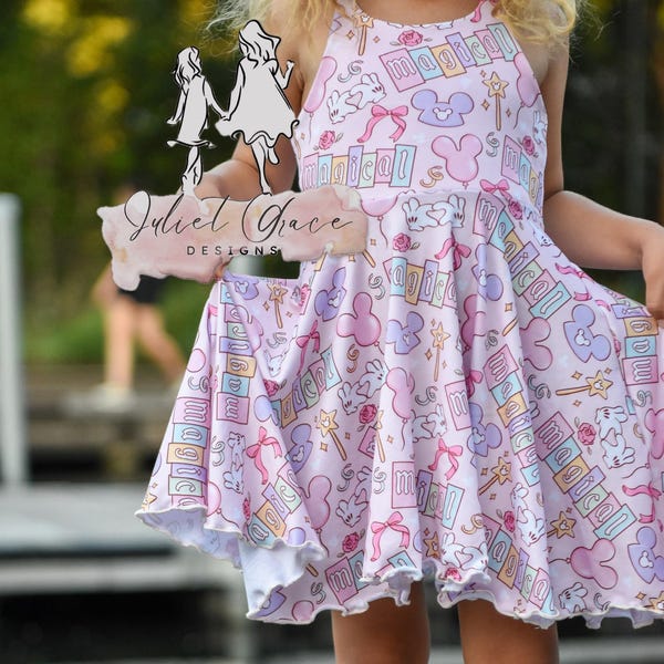 Magical Twirl Dress for Girls – Disney-Inspired Princess Dress – Toddler to Youth Sizes – Pastel Park Outfit – Fairytale Birthday Dress