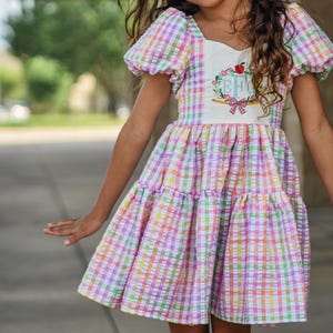 Back to School Gingham Dress – Personalized Monogram “Hello Kindergarten” Bow – Girls First Day of School Outfit, School Picture Day Outfit