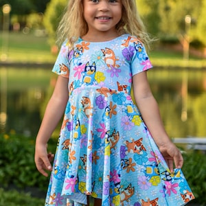 Bluey-Inspired Floral Twirl Dress – Girls’ Play Dress with Colorful Cartoon Dogs & Flowers – Handmade Summer Outfit