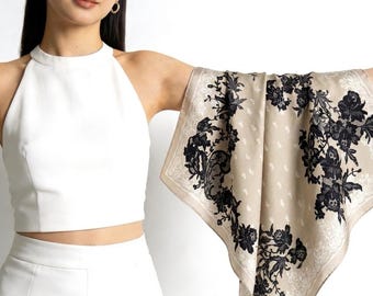 Rococo Whispers 3D Lace Silk Scarf, Premium Mulberry Silk Crepe de Chine Square 26", French Vintage Elegant Neck Tie, Luxury Gift for Her