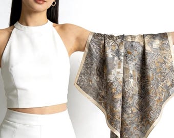 Elegant Beige Silk Wool Scarf, 33x33 in Luxury Double-Sided Square Shawl, Japanese Style Soft Pashmina, Versatile Wrap for Spring & Fall