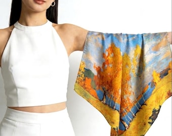 43x43 Inches Hangzhou Silk Oil Painting Satin Scarf, 100 Mulberry Silk Square Scarf for Women, Art Inspired Large Shawl & Wrap, 110x110cm