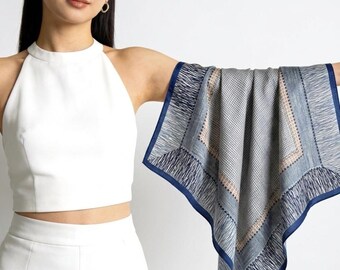 Seine Style  Luxury 65x65cm (25.5") Gray-Blue Crepe de Chine Silk Scarf - Premium Mulberry Silk Necktie, Chic Aesthetic Accessory