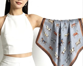 Sciarpa di seta con stampa pony 21", 100% foulard di seta di gelso, graziosa sciarpa quadrata con motivo a cavalli per donna, sciarpa per capelli, borsa