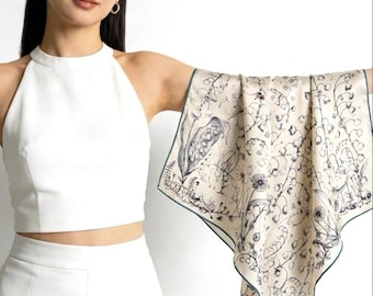 Pañuelo de seda con lirios del valle, pañuelo cuadrado de georgette francés, corbata floral elegante, pañuelo grande versátil de 68 cm, regalo de lujo para ella.