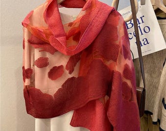 3D Cut-Flower Rose Scarf, Korean Style Organza Silk Shawl for Spring Autumn, Large Floral Wrap 25”x75”, Elegant Women's Long Evening Stole