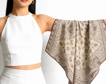 Elegante bufanda de seda y lana beige con estampado paisley para mujer, chal cuadrado grande de lujo, pañuelo para la cabeza de otoño/invierno, regalo para ella, 68 x 68 cm y 88 x 88 cm