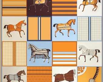 Écharpe 100 % soie de mûrier 35 po. × 35 po. 90 × 90 cm Écharpe en soie à imprimé chevaux équestres | Foulard carré en patchwork vintage