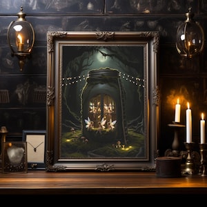 Fantasy Print- Waldland Fee Einmachglas Haus - Treffen unter Vollmond - Cottagecore düster - Zauberwald